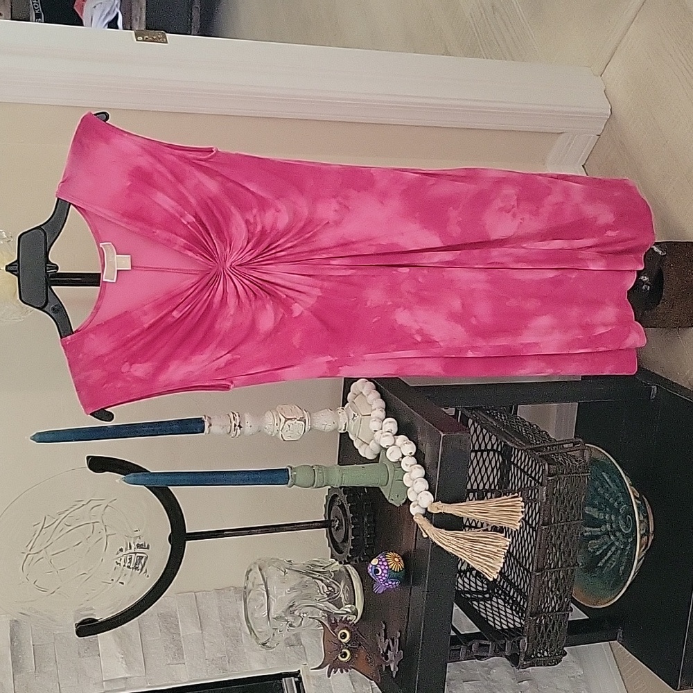 Michael Kors Hot Pink Tie Dye, Gathered V-neck Dress, Medium